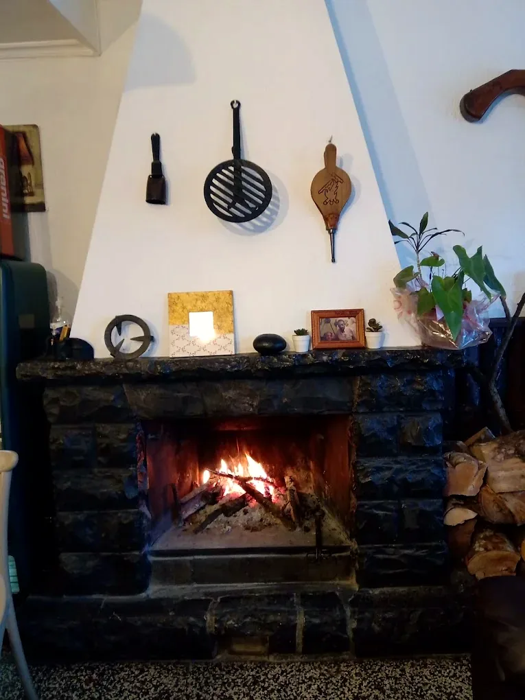 La chimenea con el fuego vivo del comedor